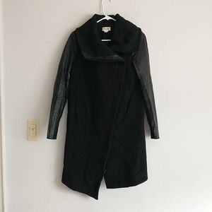 Helmut Lang OverCoat Pea Womens S Black Wool Lambskin Leather Asymmetrical Hem